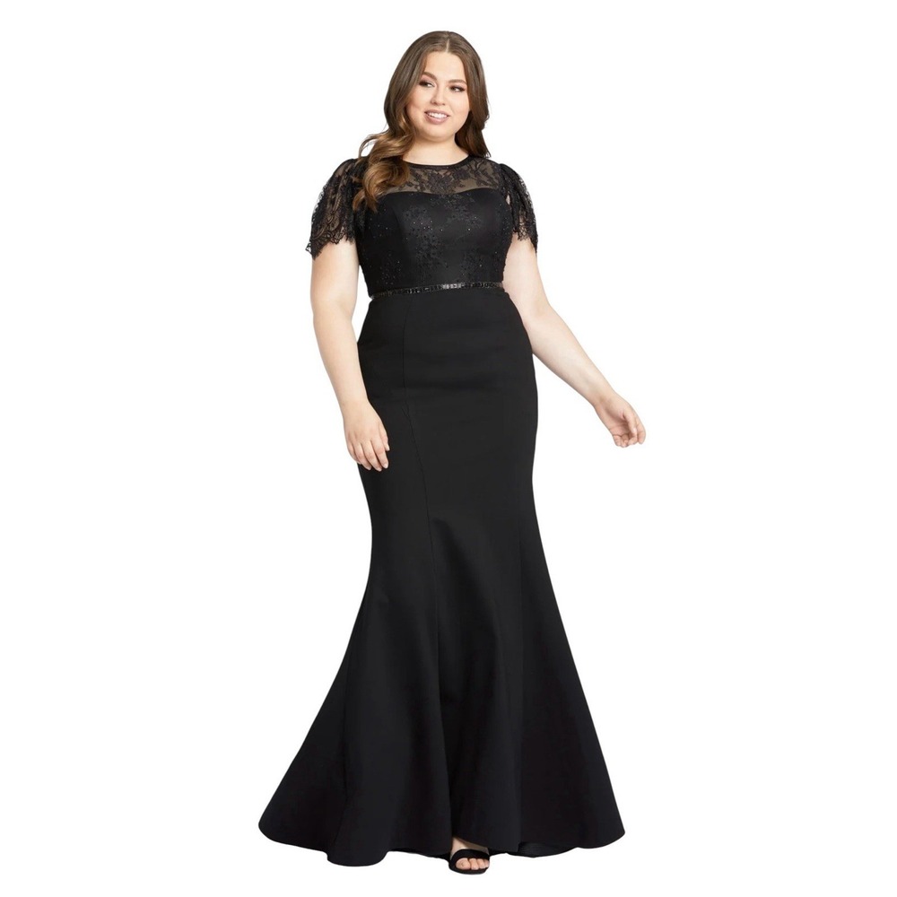 Mac Duggal 48984 Black Beaded Lace Mermaid Gown Plus Size 18W $498